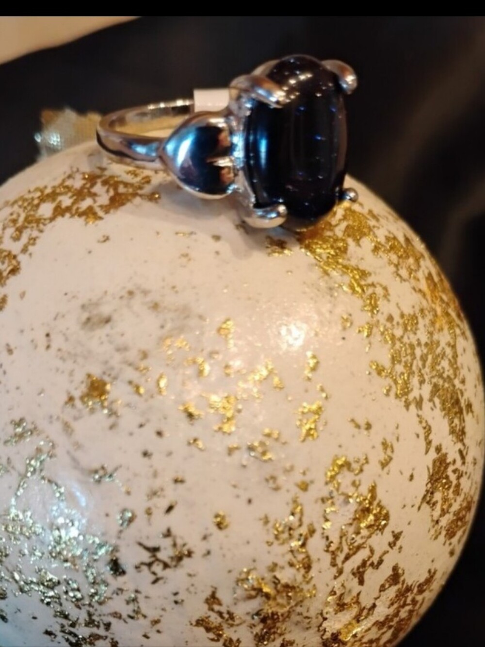 Sterling Silver Plated Black Blue Stone With Sparkles Through Out Heart On Sides
